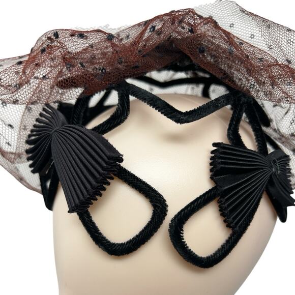 Vintage 1950s Veiled Black Cocktail Hat Fascinator Brown Net Bow Millinery main image 4